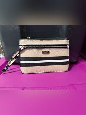 kate spade beige, black & white striped wristlet clutch
